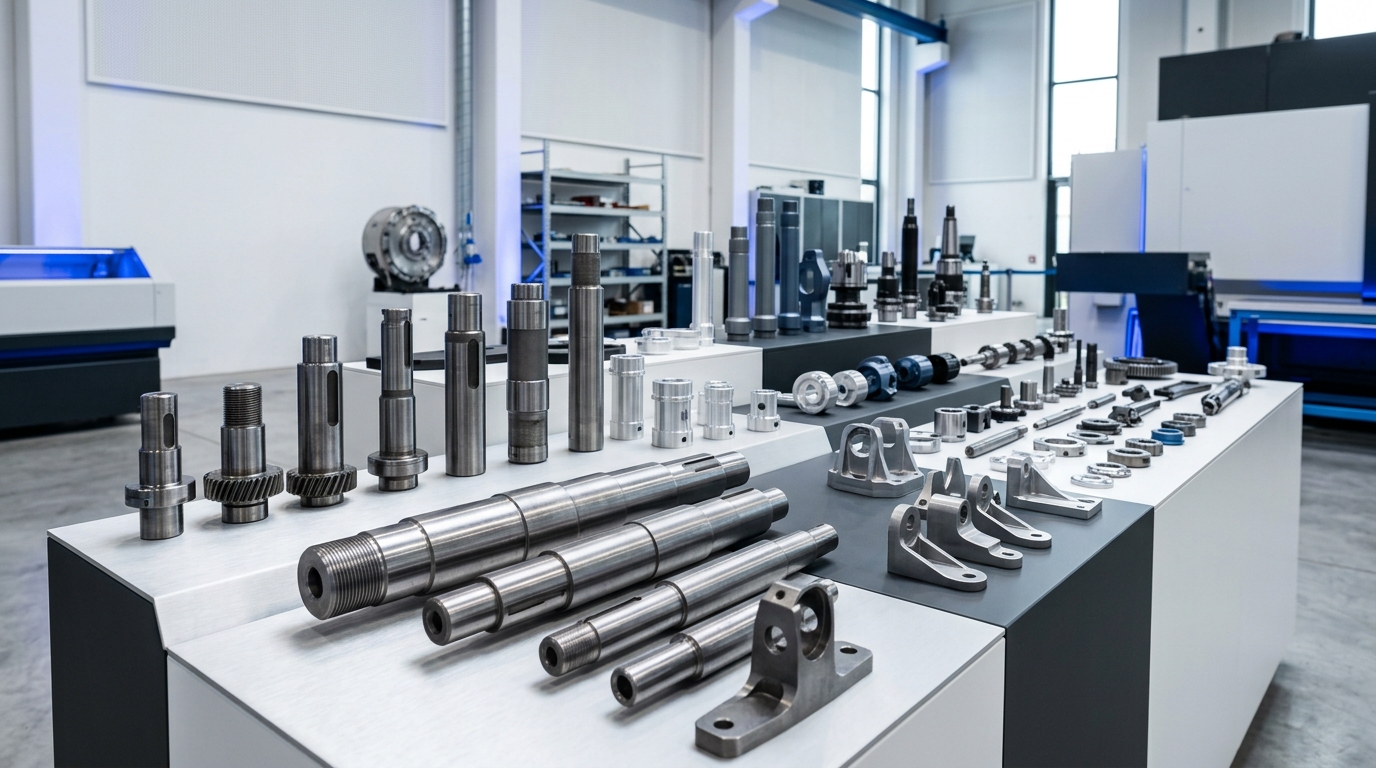 Industrial CNC components including shafts, brackets, and tooling parts
