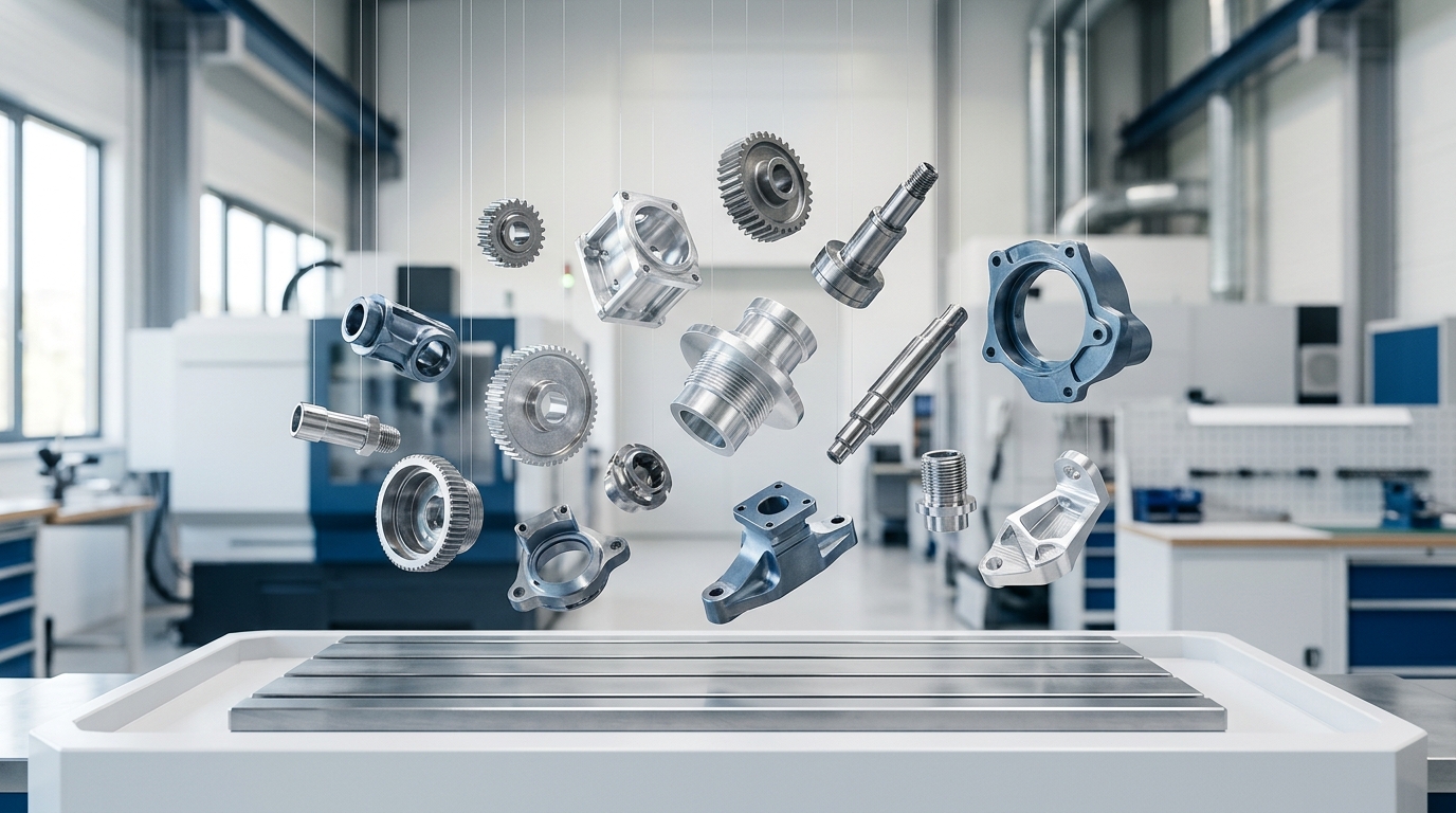 Precision CNC machining hero showing curated machined components in a premium workshop scene
