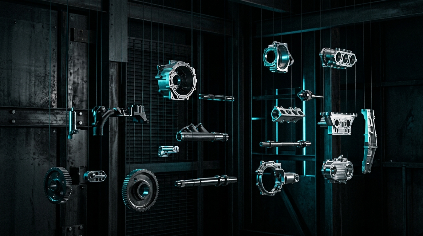 Premium CNC service cluster hero with machined parts and metallic blue lighting