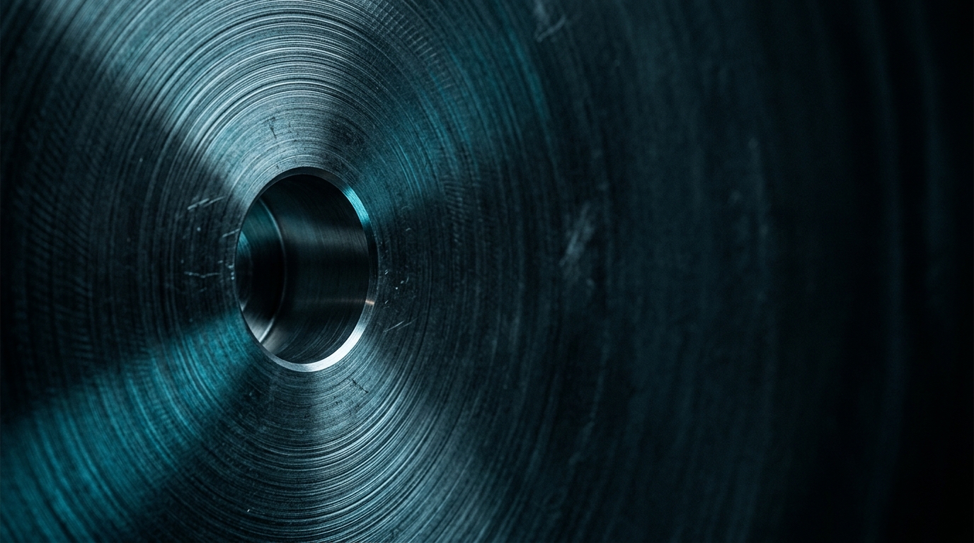 Precision CNC close-up with cool blue machining light