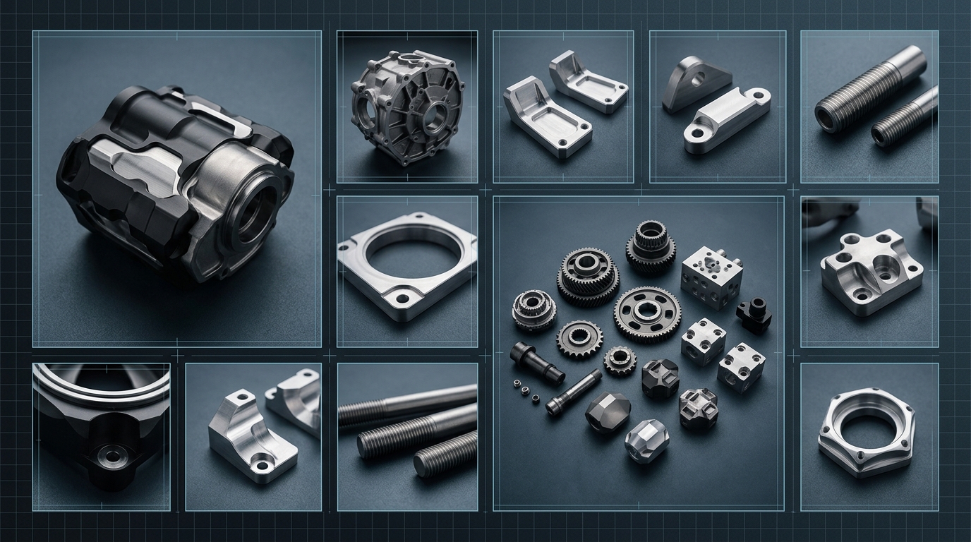 CNC milling setup with machined metal parts and precision tooling